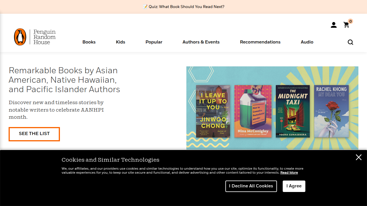 The homepage of Penguin Random House, a major publisher of classic literature including works by Frances Hodgson Burnett.