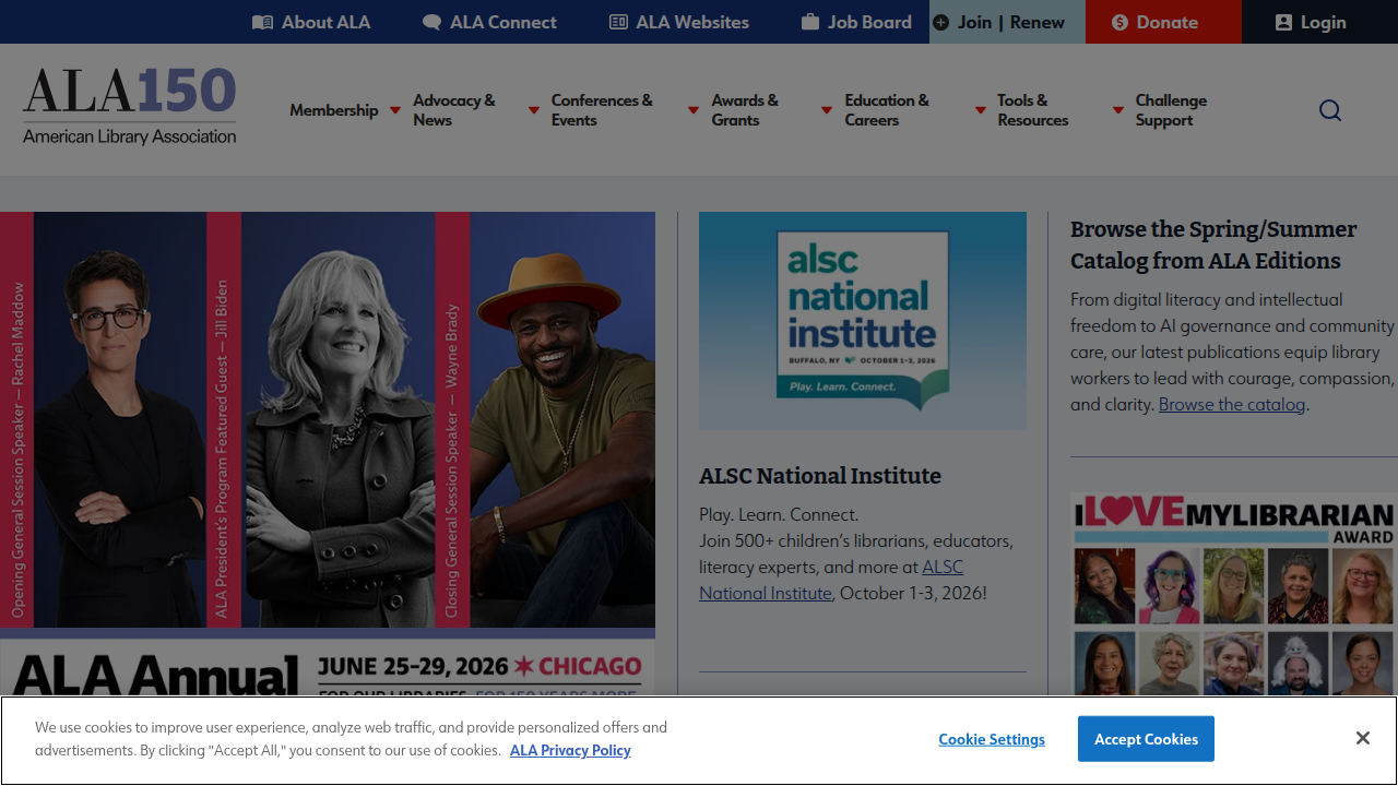The homepage of the American Library Association, a resource for discovering notable children's books and reading lists.