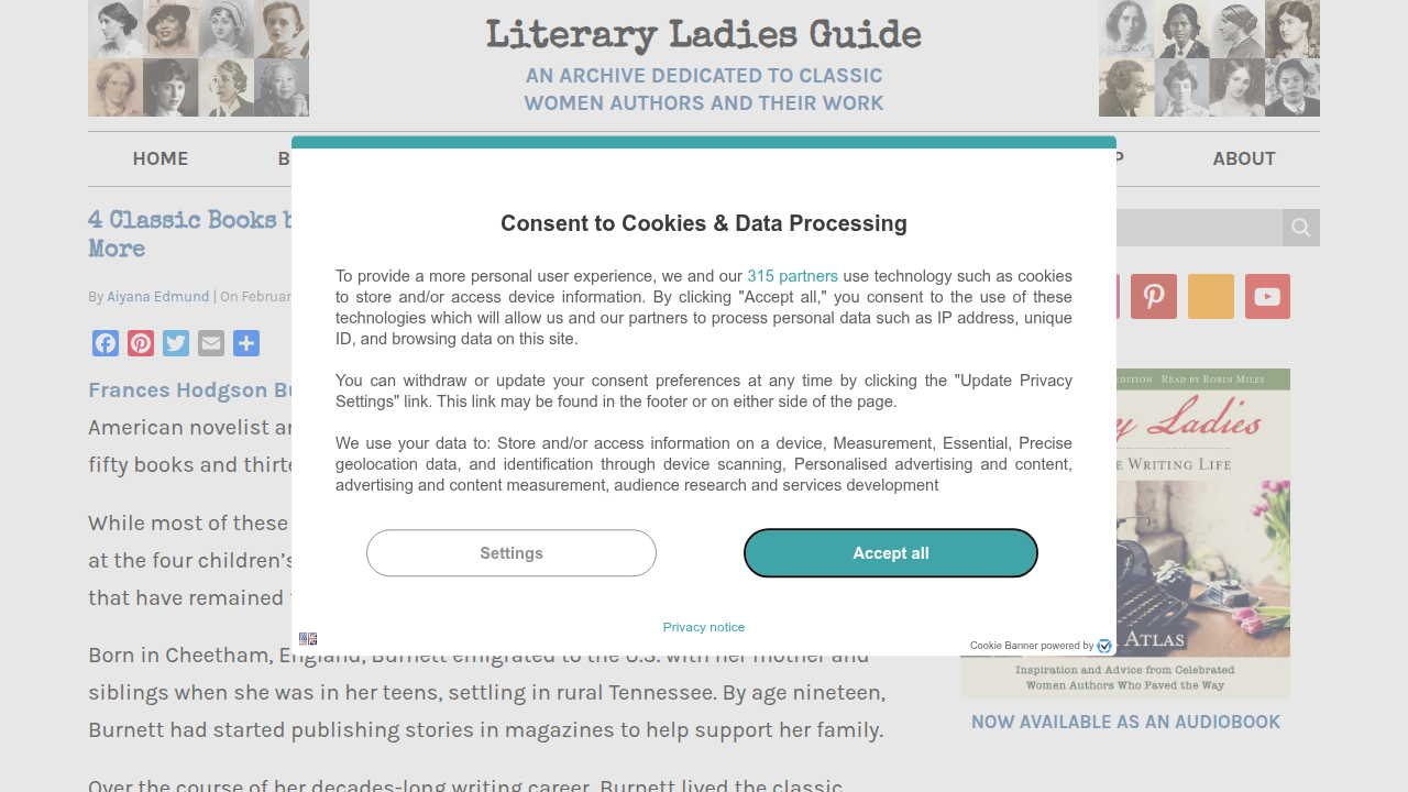 A screenshot of Literary Ladies Guide, a website providing breakdowns and insights into Frances Hodgson Burnett's novels.