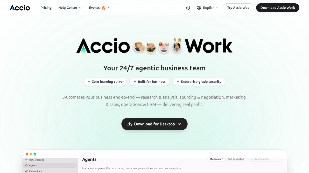 A screenshot of Accio.com's homepage, a business intelligence site that discusses market trends, including the children's book market.