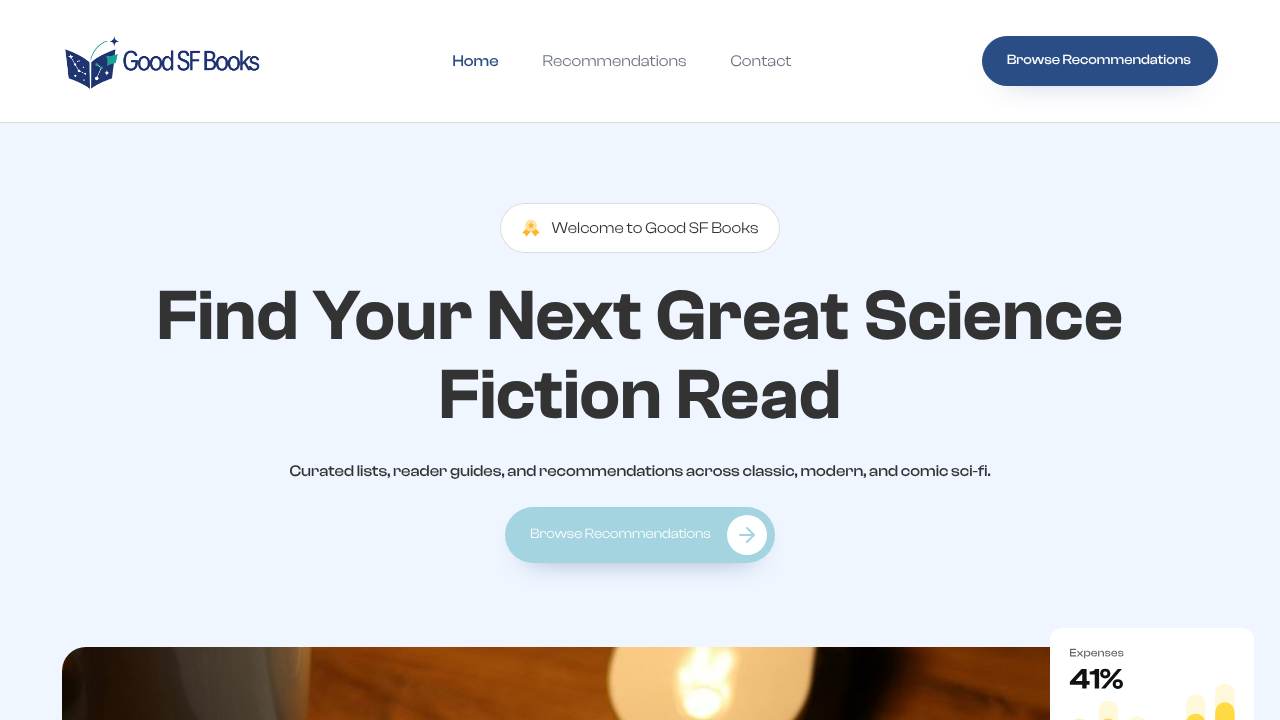 A screenshot of the Goodsfbooks.com homepage, a resource for articles and insights on popular authors and book series.