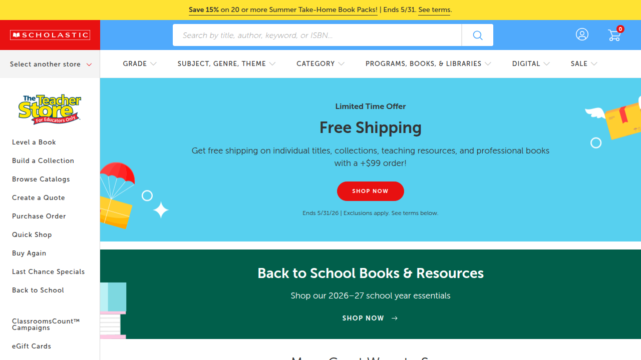A screenshot of the Scholastic.com homepage, a major publisher and resource for children's books and educational materials.