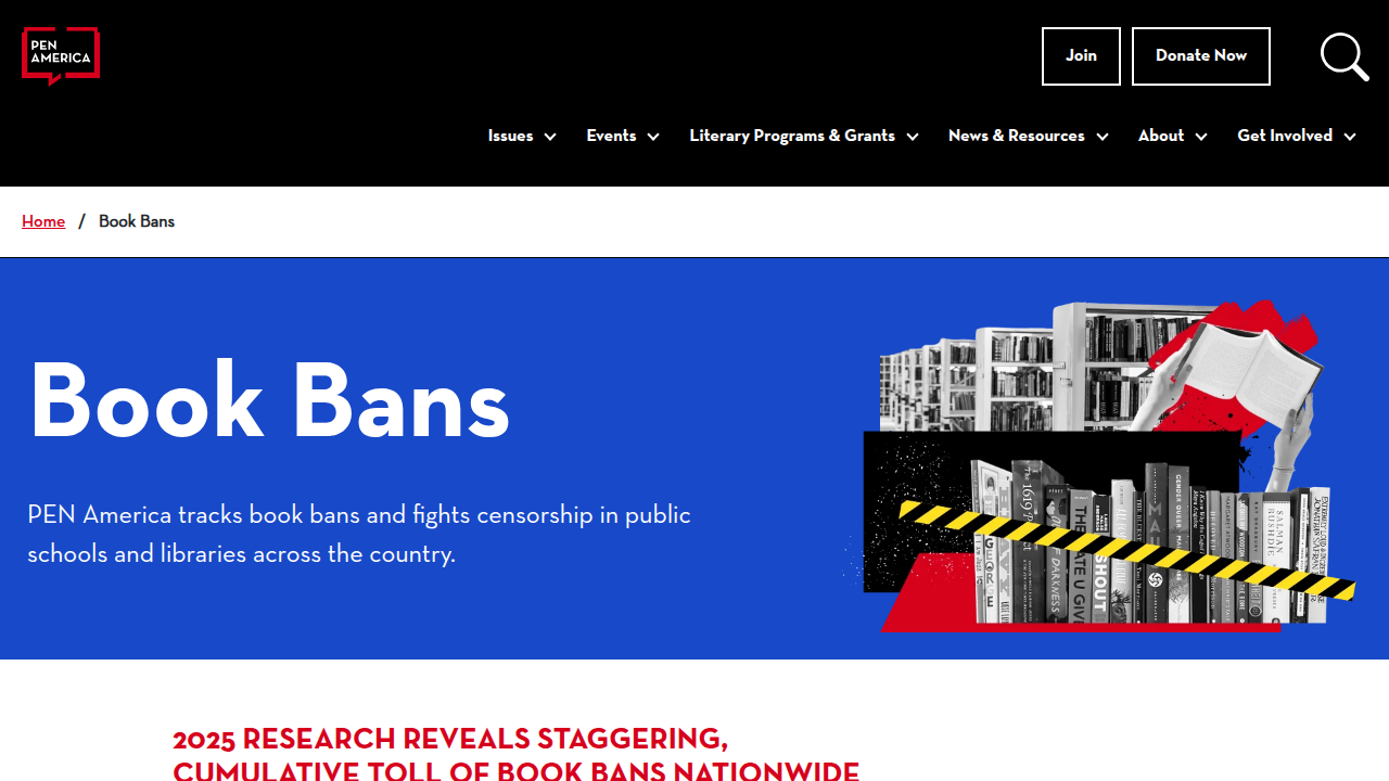 A screenshot from PEN America's section on book bans, detailing their reports and advocacy efforts against censorship.