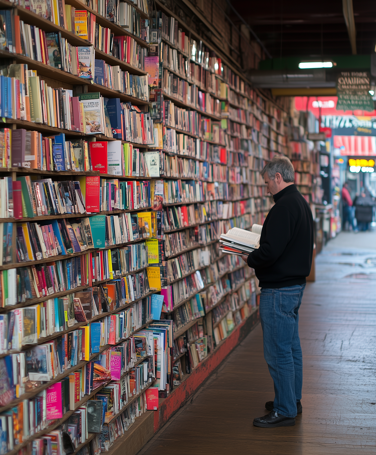 An individual overwhelmed by an endless digital scroll of book recommendations, illustrating the concept of decision fatigue.