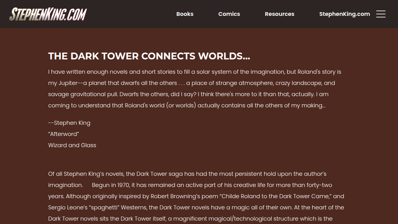 The official Stephen King website details intricate connections within the Dark Tower universe, revealing how different stories interlink.