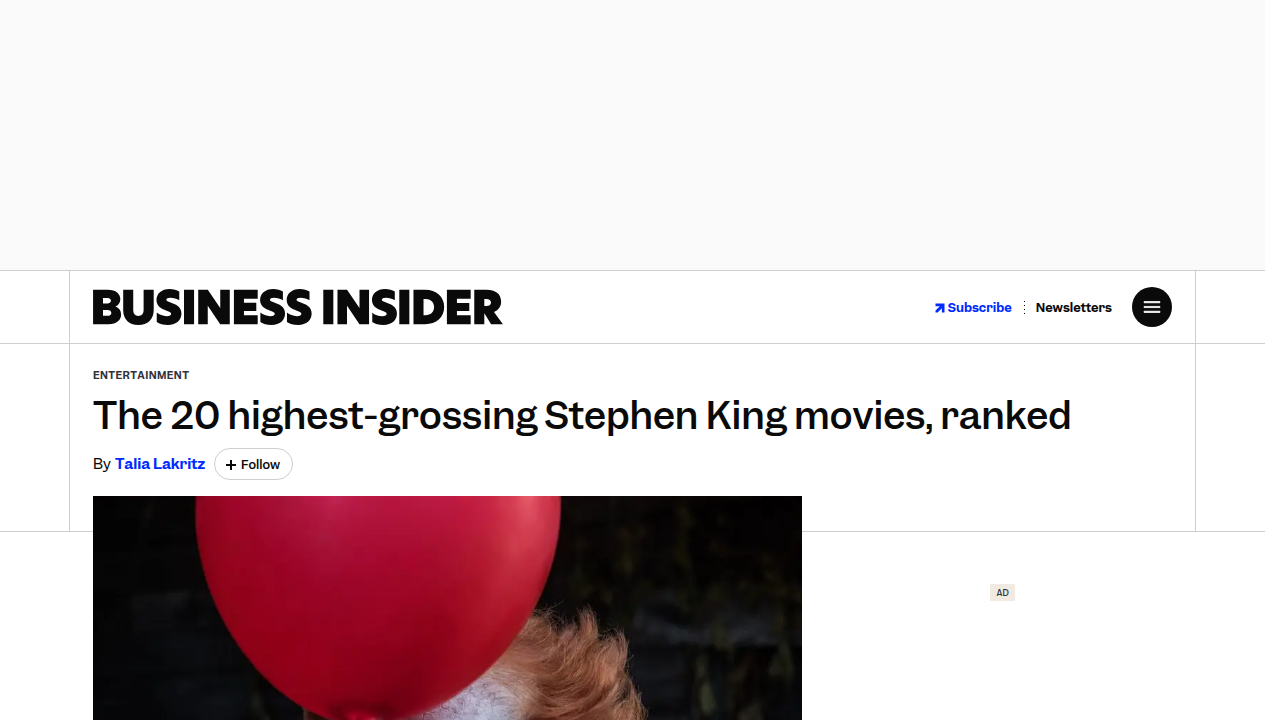 Business Insider's report on Stephen King's highest-grossing films underscores the massive commercial success of his adaptations, especially titles like 'It'.