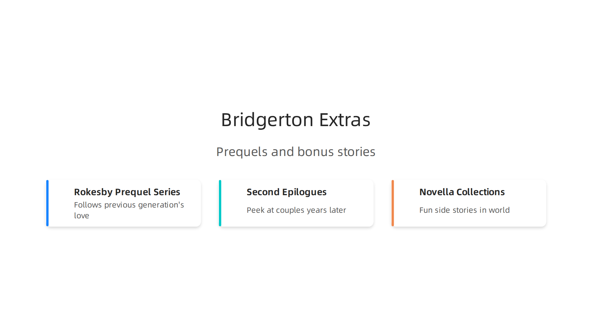 Beyond the main series, Julia Quinn offers more stories through prequels, bonus epilogues, and novellas.