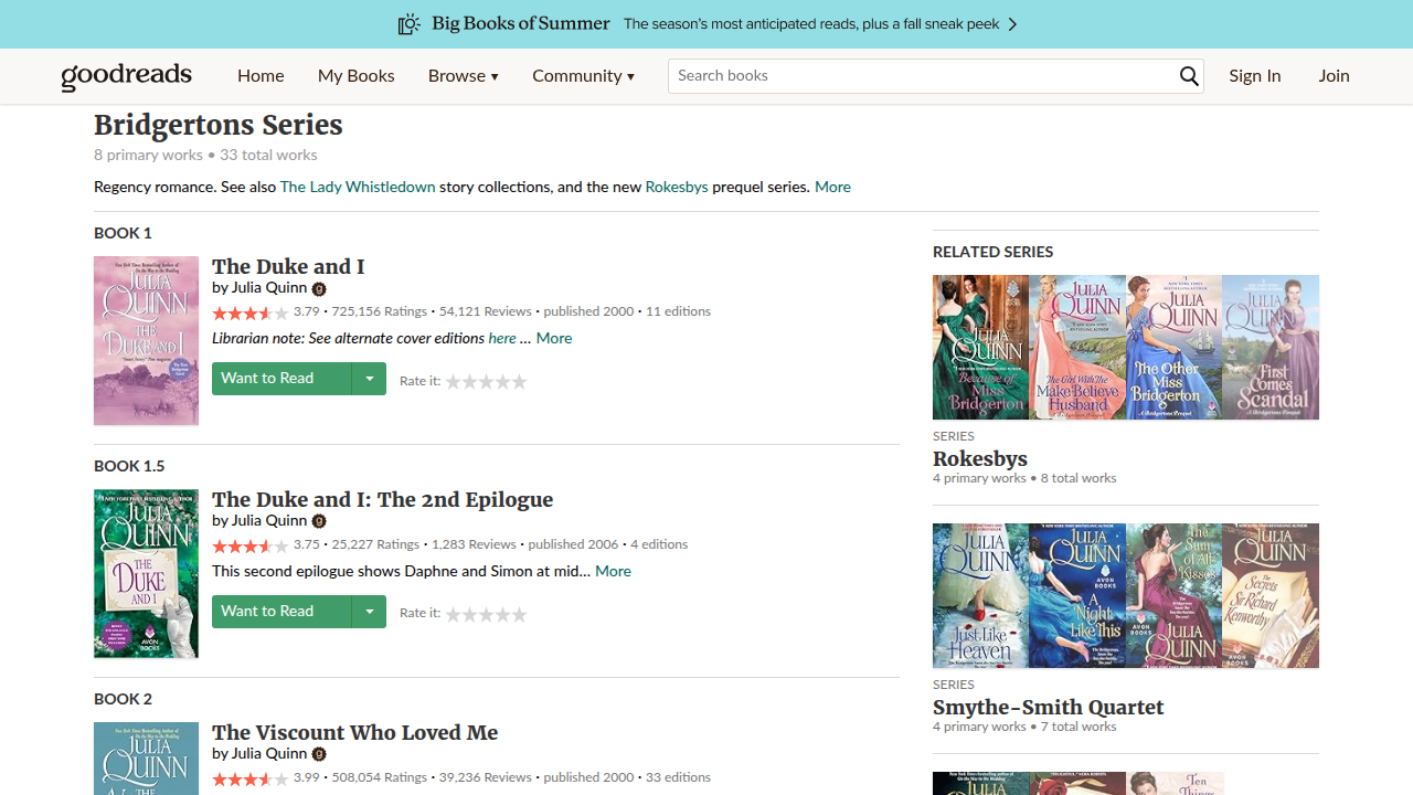Goodreads page showing the Bridgerton series with its listed books and bonus materials.