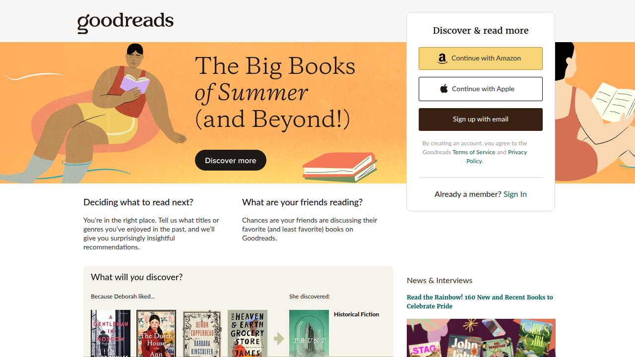 A screenshot of the Goodreads homepage, a popular platform for readers to discover and review books.