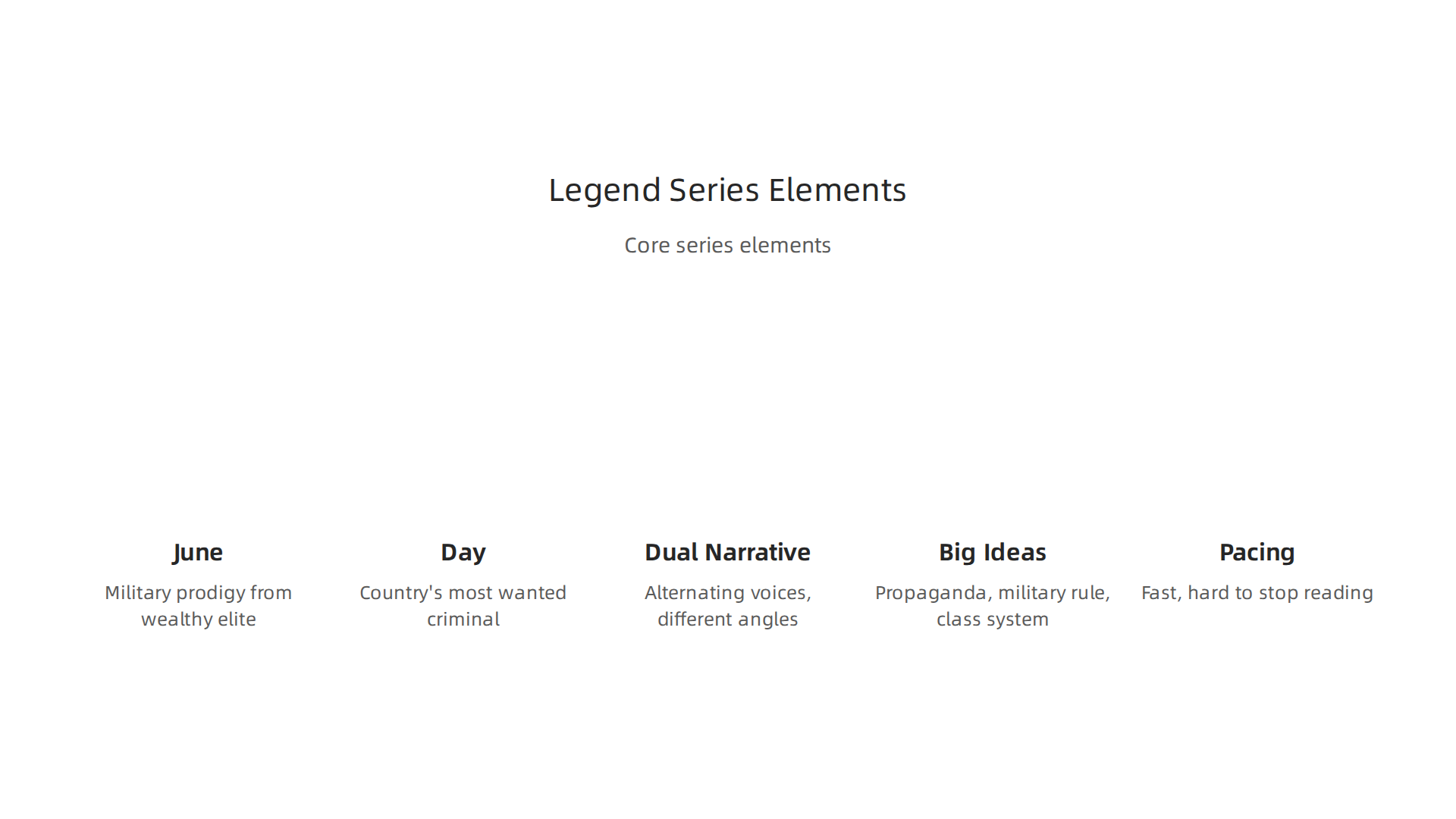 Central elements that define the dynamic and themes of the Legend series.