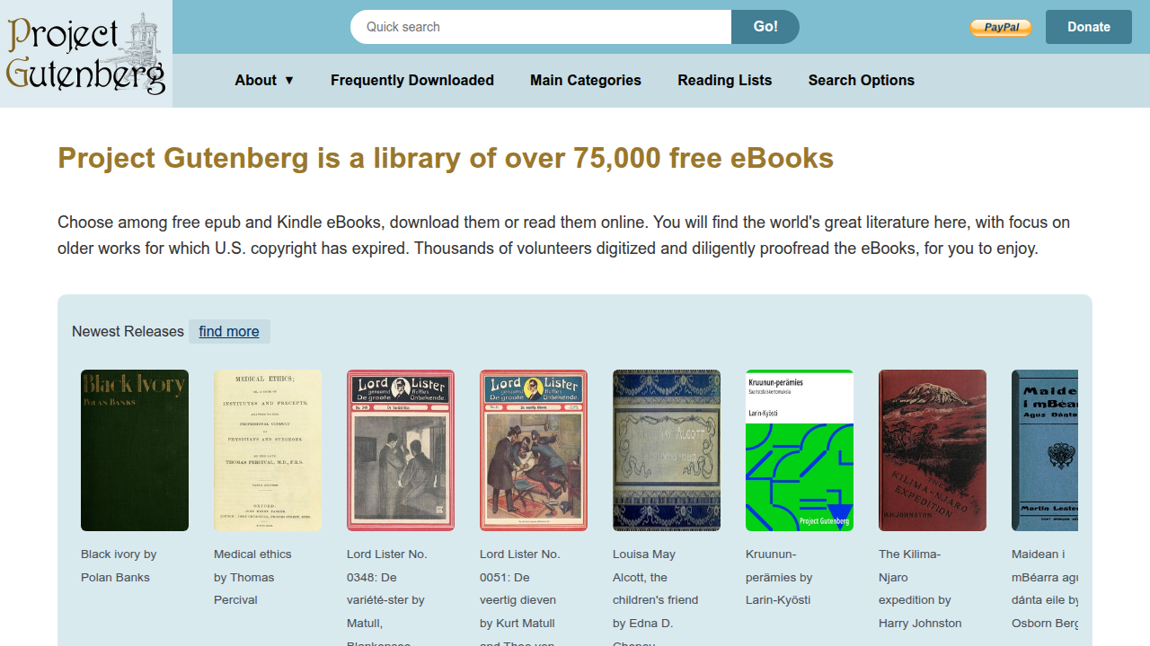 Screenshot of Project Gutenberg's homepage, a key resource for free classic science fiction books.