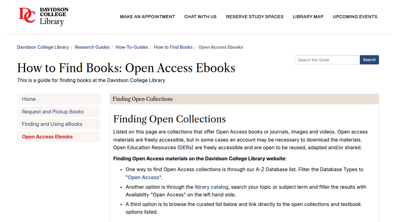 Screenshot of Davidson College Library Guide on finding open access ebooks, illustrating academic resources for free reads.