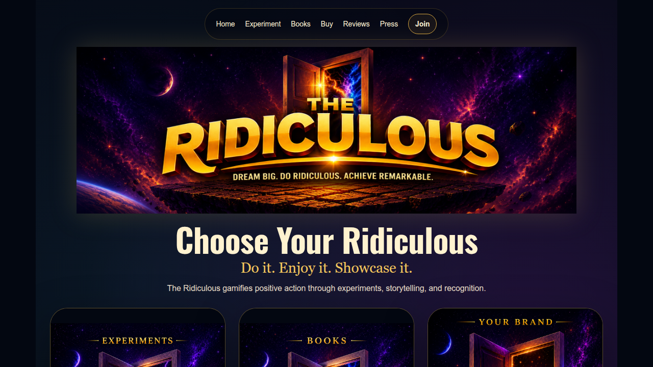 Homepage for 'The Ridiculous' series, offering smart and funny science fiction.