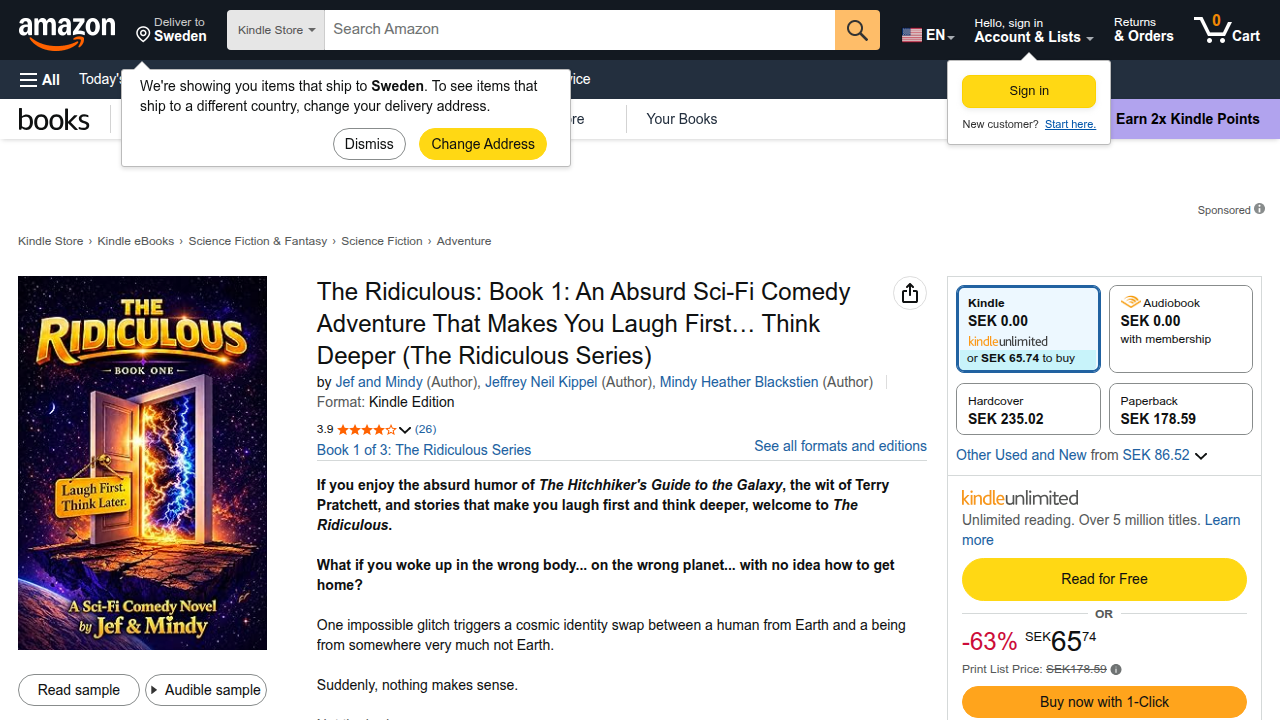 Find diverse science fiction options, including humorous titles, on Amazon.