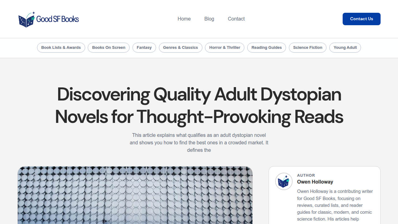A screenshot of goodsfbooks.com, a resource for discovering quality adult dystopian novels and other science fiction genres.