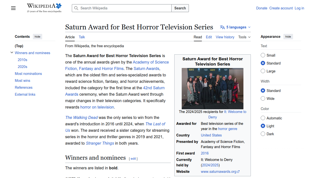A screenshot of the Wikipedia page for the Saturn Award for Best Horror Television Series, highlighting recognized genre classics.