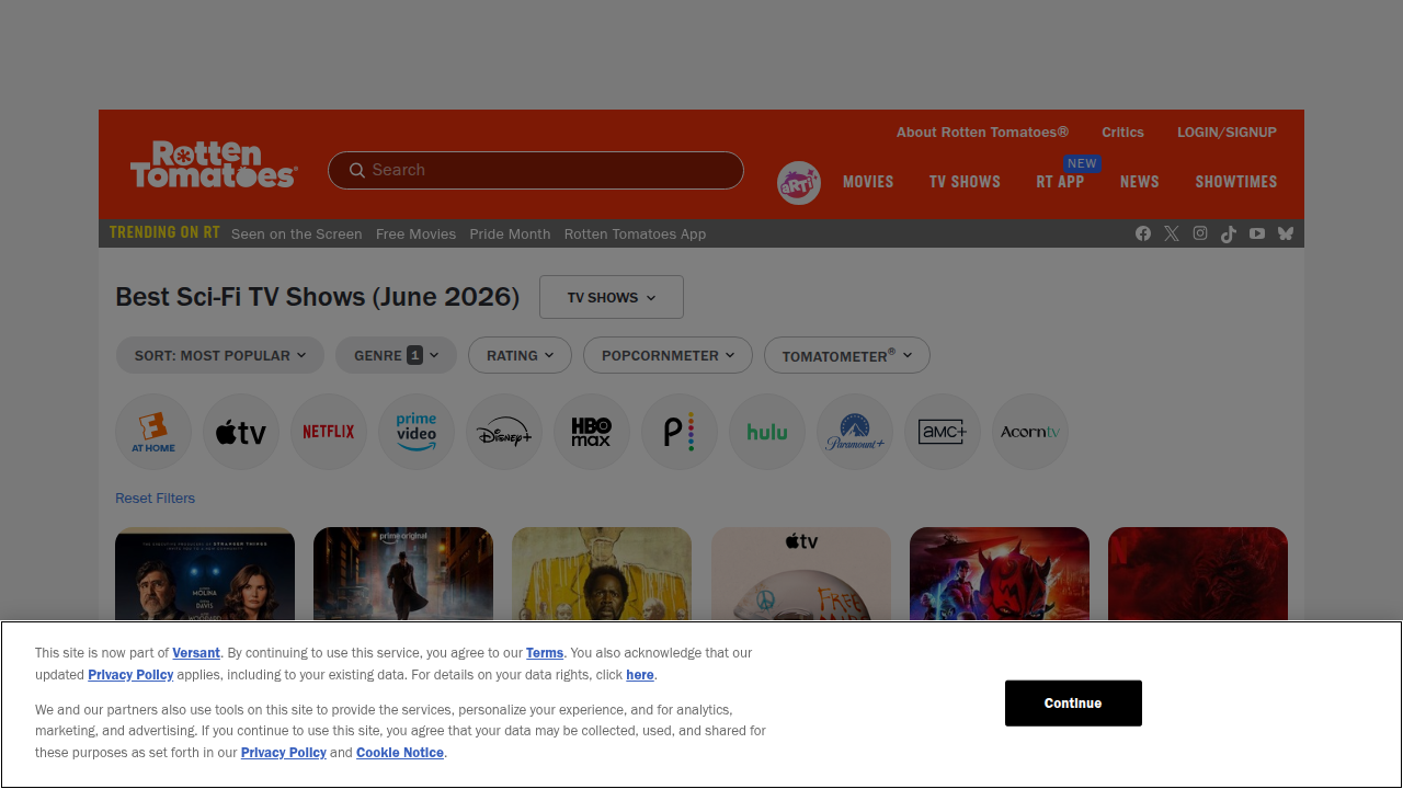 A screenshot of Rotten Tomatoes' list of popular Sci-Fi TV Shows, offering current recommendations and ratings.