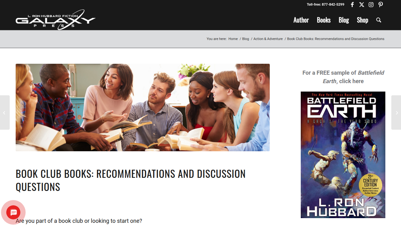 A screenshot of the Galaxy Press website, featuring recommendations and discussion questions for book club selections.